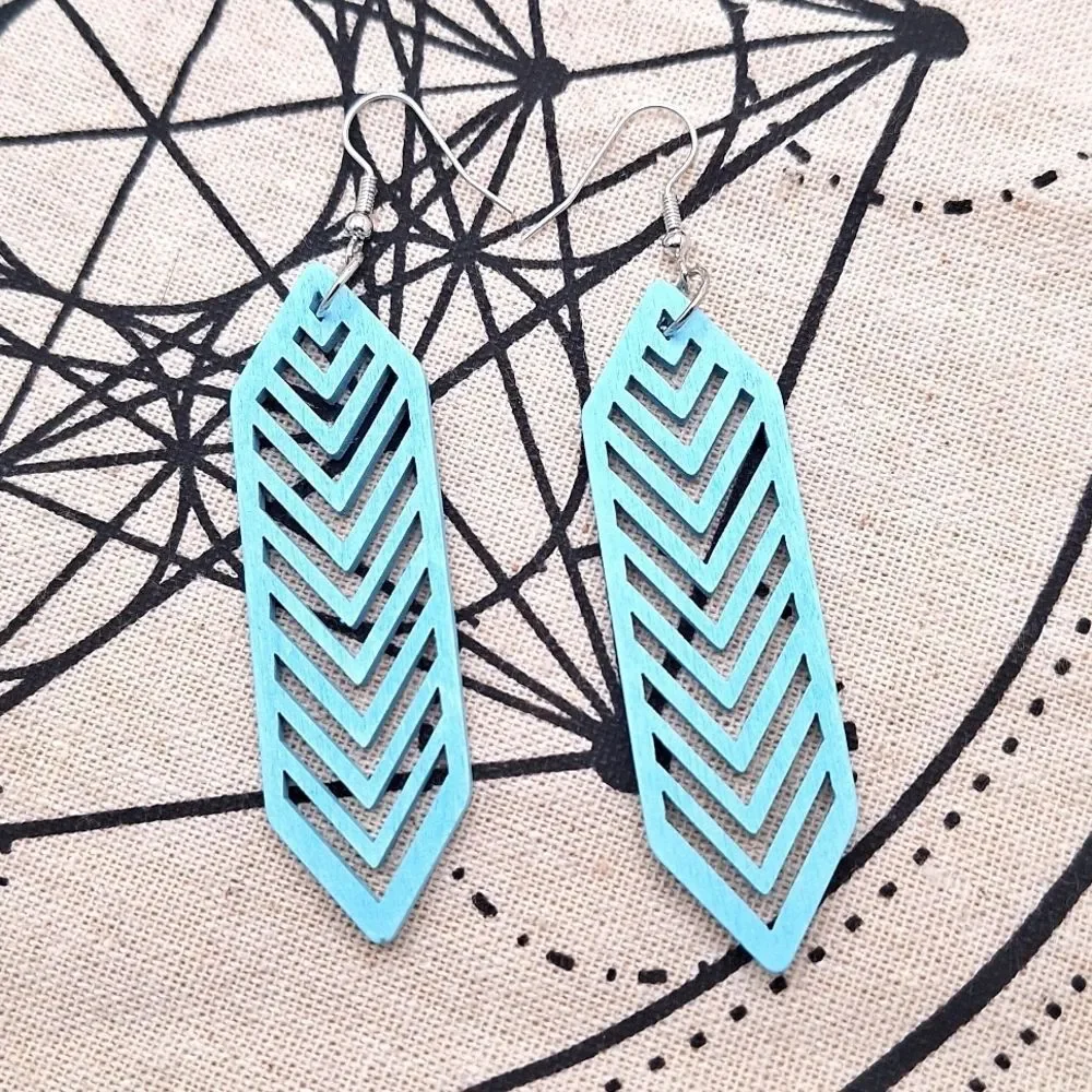 Blue pastel earrings wood geometric diamond shape